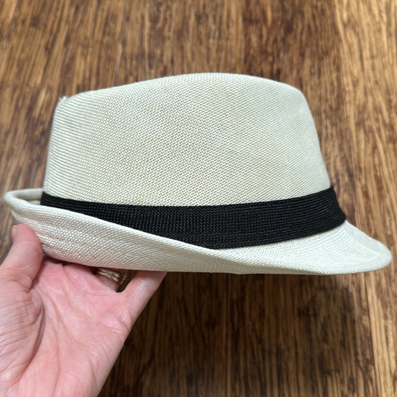 Vintage cream off-white black trim woven fabric fedora hat one size - Picture 4 of 13